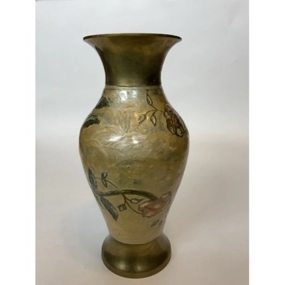 VTG Solid Brass Floral Hand Covered/Painted‎ Enamel Vase 8